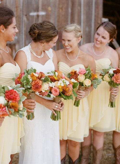 white bridal gown and pastel yellow bridesmaid dresses for july wedding colors combos for 2024 pastel yellow and ivory