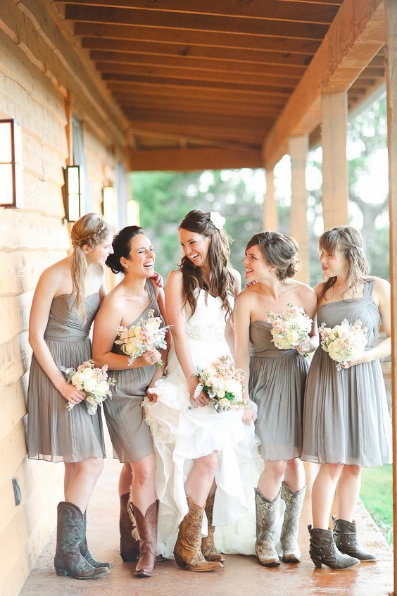 grey bridesmaid dresses white bridal gown white and peach floral bouquet for country wedding colors for 2025 grey peach and greenery