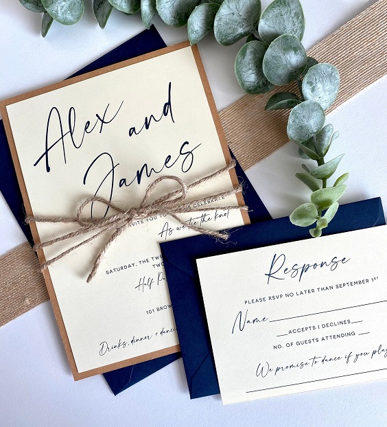 navy blue kraft matting wedding invitation with twine for country wedding colors for 2025 navy blue blush and brown