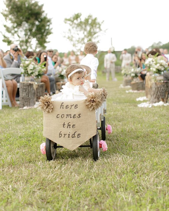 wagon flower girl with brown burlap banner for country wedding colors for 2025 navy blue blush and brown