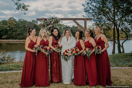 red bridesmaid dresses white bridal gown for country wedding colors for 2025 red burgundy and orange