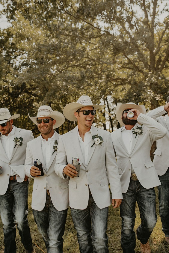white groomsmen suits and navy jeans for june wedding colors for 2025 sage green and white