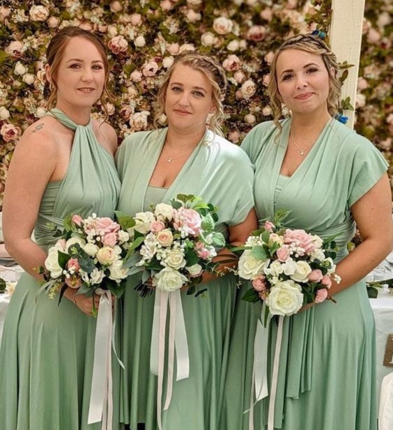 sage green bridesmaid dresses with light pink and  cream bouquets for sage green wedding colors combos for 2025 sage green and light pink