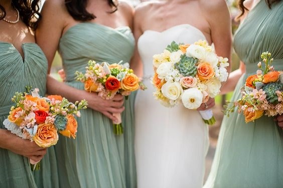 sage green bridesmaid dresses white bridal gown with orange bouquets for sage green wedding colors combos for 2025 sage green and orange
