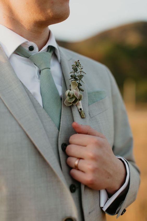 b2696 grey groomsmen's attire with sage green tie and pocket square for sage green wedding colors combos for 2025 sage green and grey