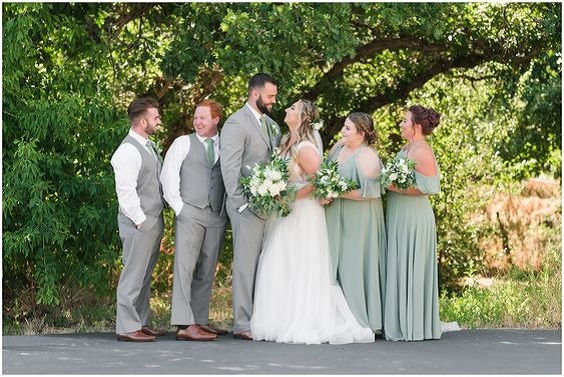 b2696 sage green bridesmaid dresses grey groomsmen's attire white bridal gown for sage green wedding colors combos for 2025 sage green and grey