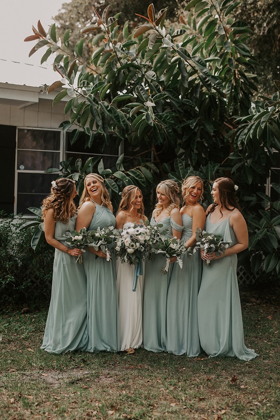 sage green bridesmaid dresses white bridal gown for rustic themed wedding colors for 2025 sage green and slate blue