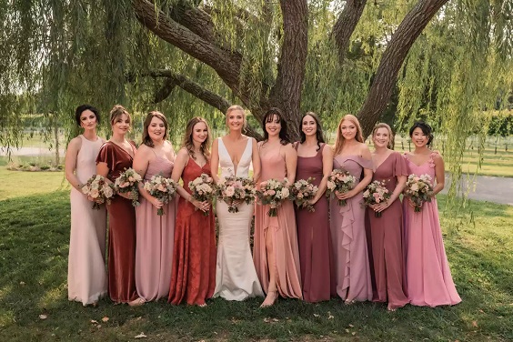 dusty rose pink blush bridesmaid dresses white bridal gown for rustic themed wedding colors for 2025 shades of pink and blush