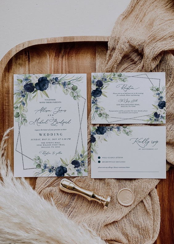 wedding invitation with navy blue flower printing for navy blue wedding colors for 2025 navy blue beige and burnt orange