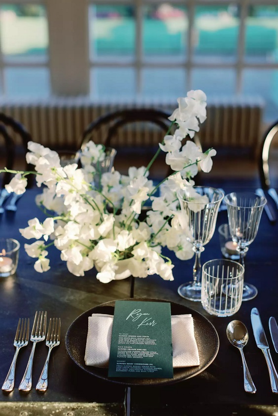 white flower centerpieces and dark green wedding napkins for navy blue wedding colors for 2025 navy blue dark green and white