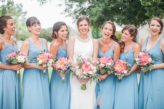 sky blue bridesmaid dresses and a white bridal gown for blue wedding colors combos for 2025 sky blue golden cream and pink