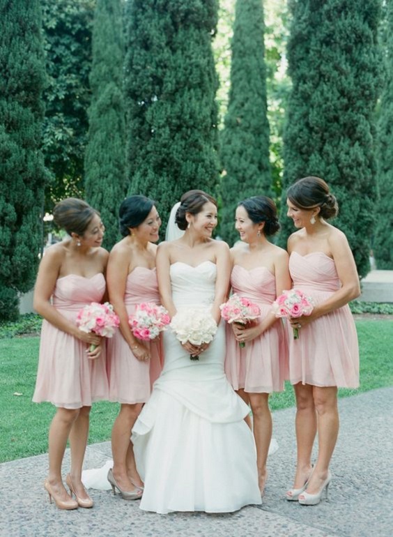 pink bridesmaid dresses and white bridal gown for june wedding colors combos for 2025 light pink and pink