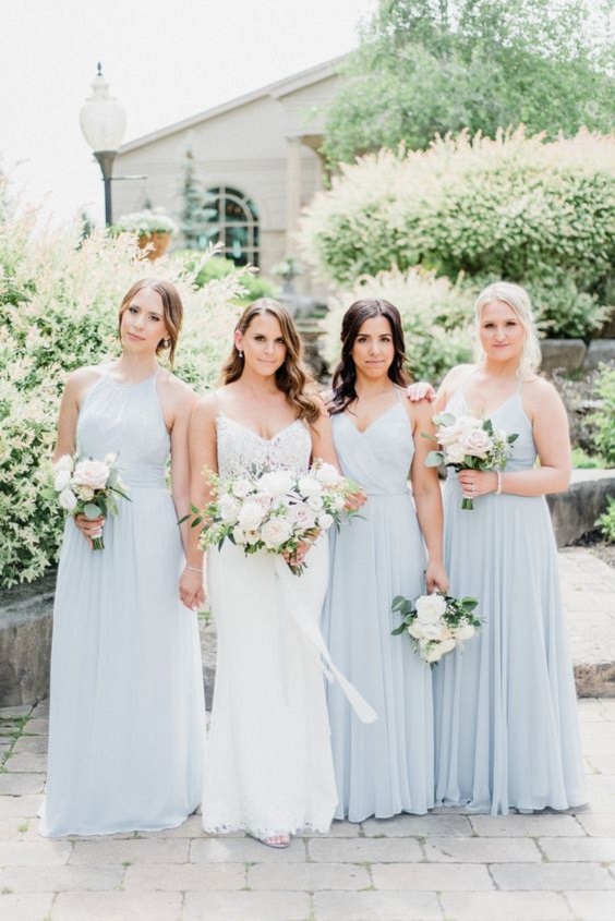 light blue bridesmaid dresses and white bridal gown for june wedding colors combos for 2025 light blue and cream