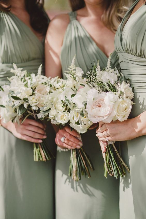 sage green bridesmaid dresses and cream flowers for june wedding colors combos for 2025 sage green and cream