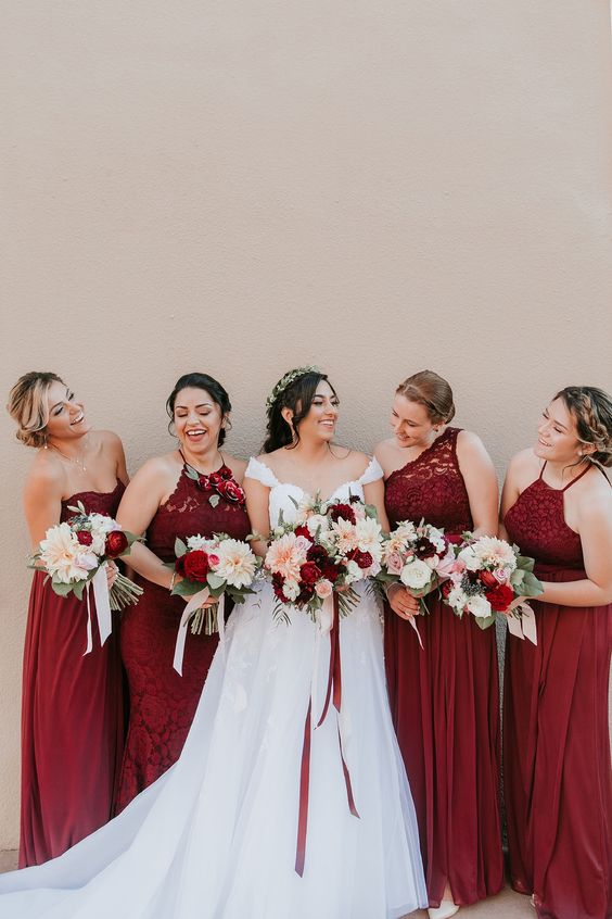 burgundy bridesmaid dresses white bridal gown for burgundy wedding colors for 2025 burgundy and peach