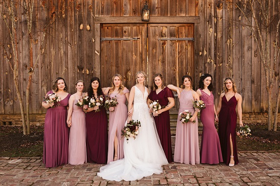 mismatched burgundy dusty rose and blush bridesmaid dresses and white bridal gown for burgundy wedding colors for 2025 burgundy dusty rose and blush