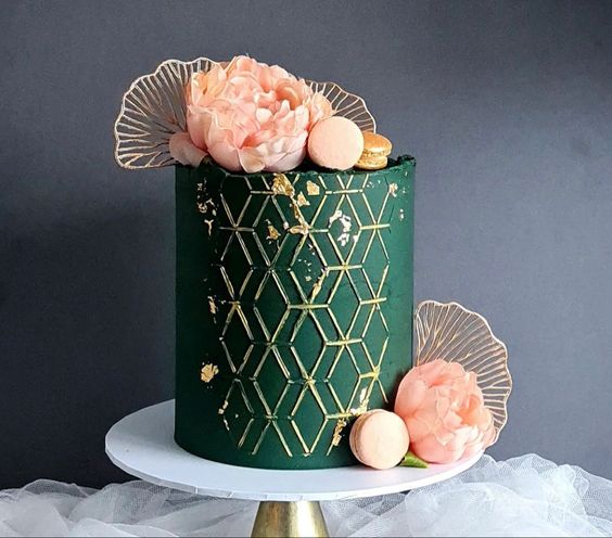 dark green wedding cake with peach flowers for may wedding colors combos for 2025 dark green and pink
