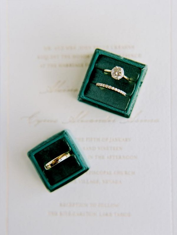 wedding rings in dark green box for may wedding colors combos for 2025 dark green and pink