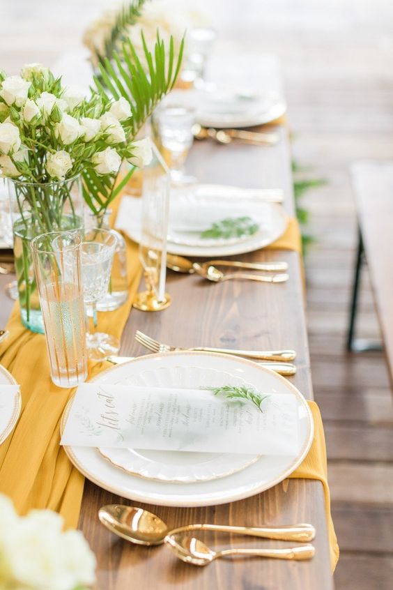 yellow wedding table linen and white flowers for may wedding colors combos for 2025 yellow and white
