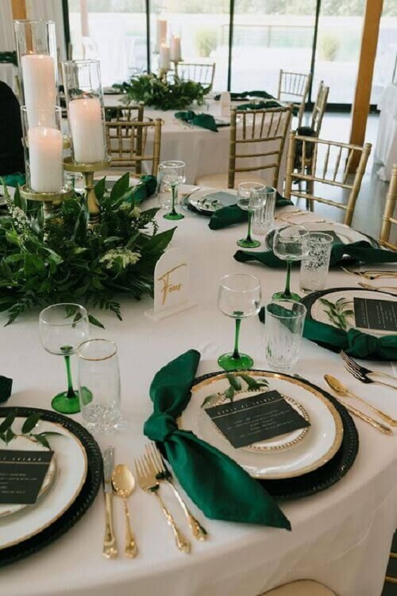 dark green table napkins and white candles for april wedding colors combos for 2025 dark green and white
