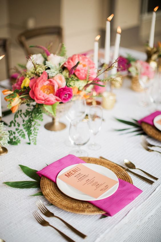 hot pink table cloth with dusty rose and hot pink centerpiece for april wedding colors combos for 2025 hot pink and dusty