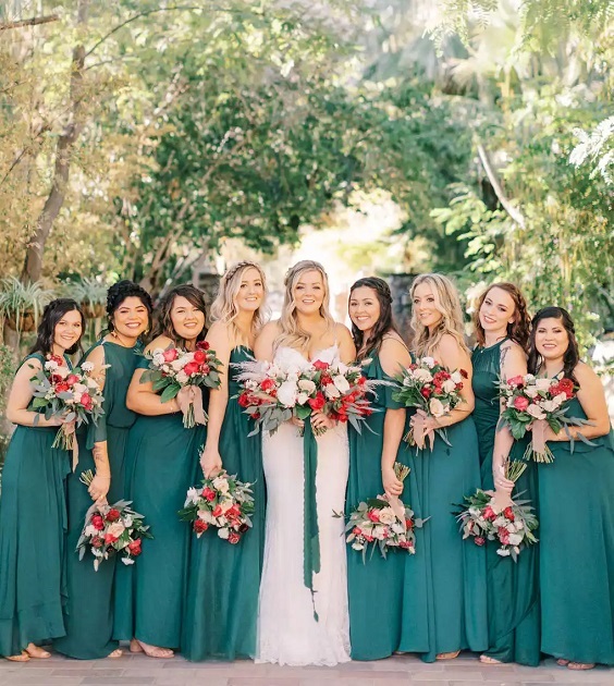 teal bridesmaid dresses white bridal gown for teal wedding colors for 2025 teal red and greenery