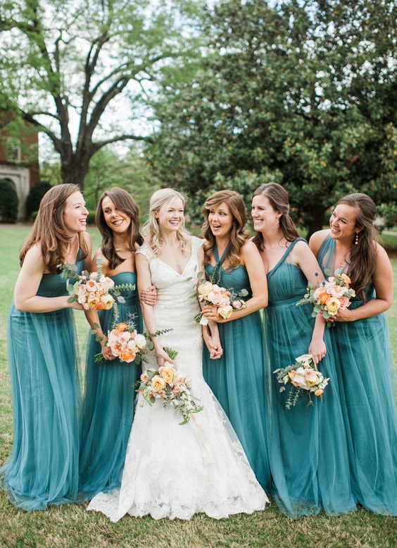 teal bridesmaid dresses white bridal gown for teal wedding colors for 2025 teal peach and greenery