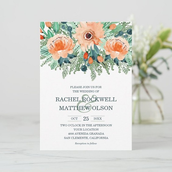 wedding invitations with peach flowers and greenery printing for teal wedding colors for 2025 teal peach and greenery