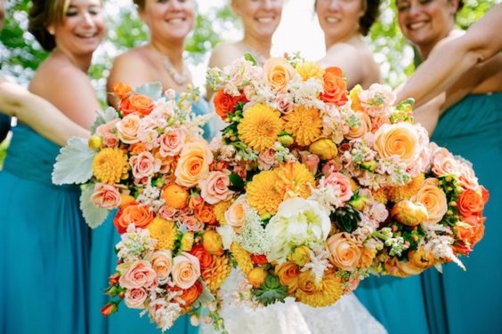 teal bridesmaid dresses white bridal gown orange and red flower bouquets for teal wedding colors for 2025 teal orange and red