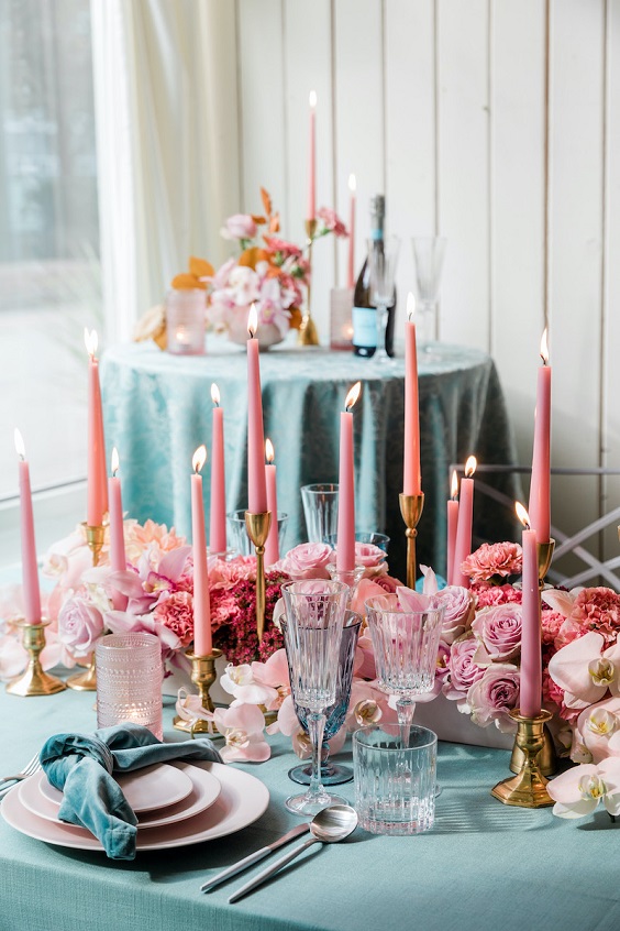 teal wedding tablecloth dusty rose candles and flowers centerpieces for teal wedding colors for 2025 teal dusty rose and blush