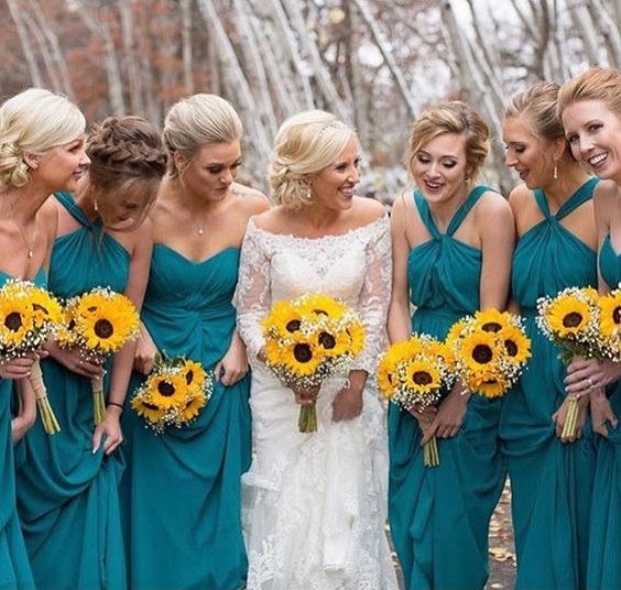 teal bridesmaid dresses white bridal gown orange and red flower bouquets for teal wedding colors for 2025 teal and white