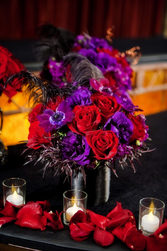 purple and red flowers at wedding table for purple wedding colors combos for 2025 purple and red