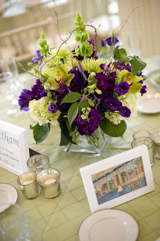 dark purple and bright green centerpieces  for purple wedding colors combos for 2025 dark purple and bright green