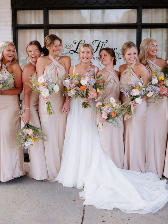 champagne bridesmaid dresses and a white wedding gown for july wedding colors combos for 2025 champagne yellow and red