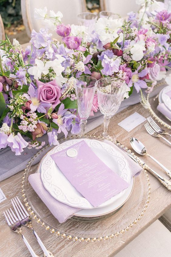 lavender lilac and white flower wedding reception centerpieces for spring wedding color schemes 2025 lavender lilac and dusty pink