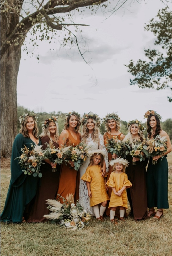 mismatched brown green burnt orange bridesmaid dresses white little flower girl dresses for boho wedding color ideas 2025 yellow brown and green