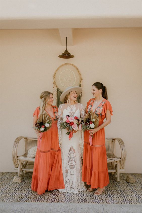 orange bridesmaid dresses white bridal gown for boho wedding color ideas 2025 orange and light brown