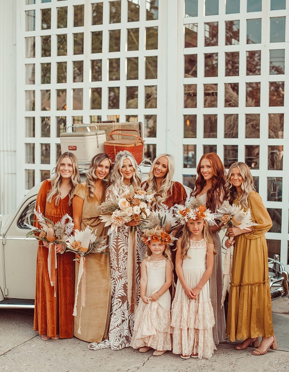 mismatched rust sand and gold bridesmaid dresses for boho wedding color ideas 2025 rust sand and gold