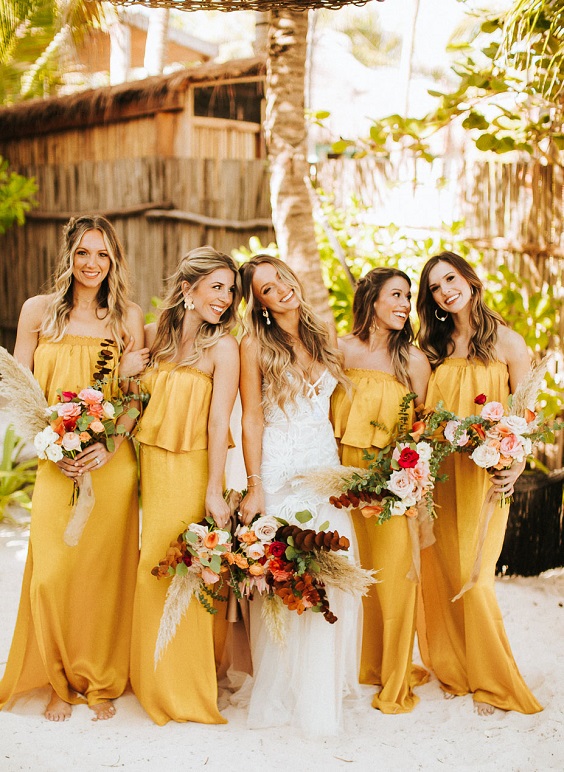 yellow bridesmaid dresses white bridal gown red and white flowers bouquets for boho wedding color ideas 2025 teal yellow and red