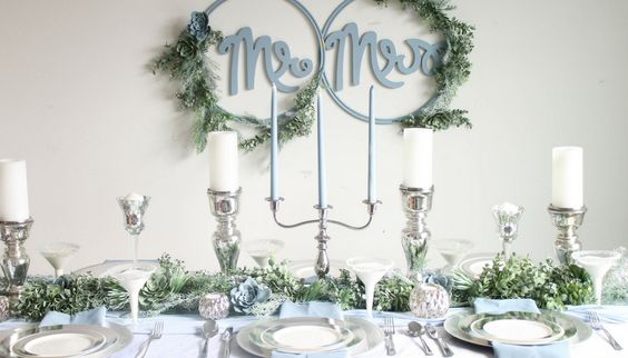 Wedding table decorations for Dusty blue december wedding