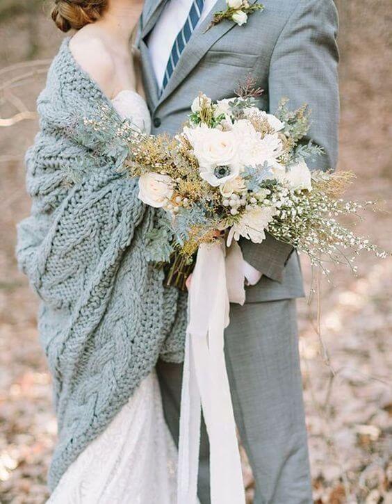 White bride and grey groom for Dusty blue december wedding