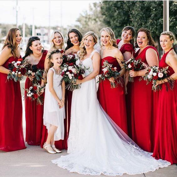 Bridesmaid dresses for red, green and white wedding