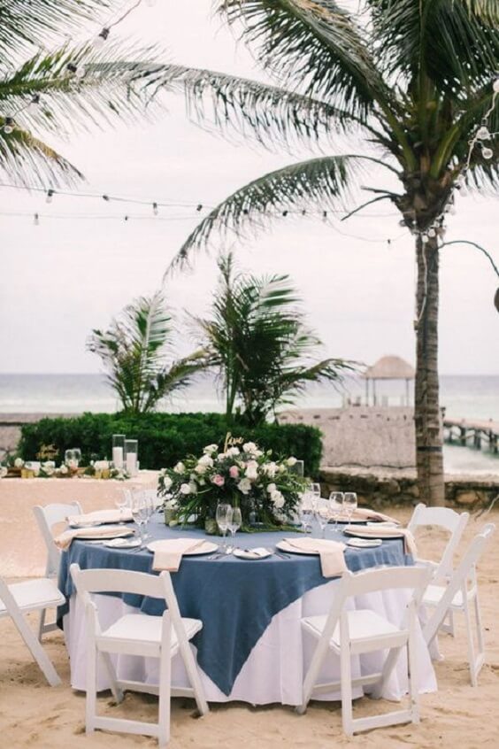 Wedding table decorations for Dusty Blue and Blush Beach wedding