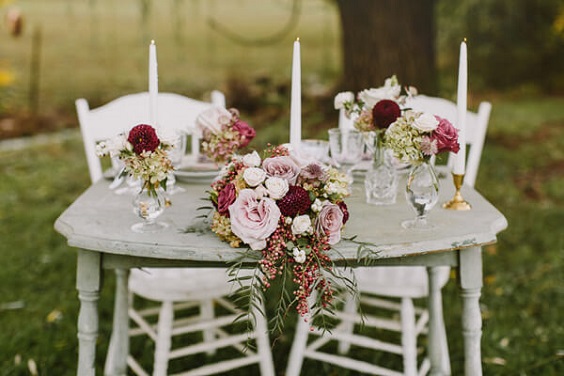 Wedding table decorations for Dusty Rose and Burgundy wedding