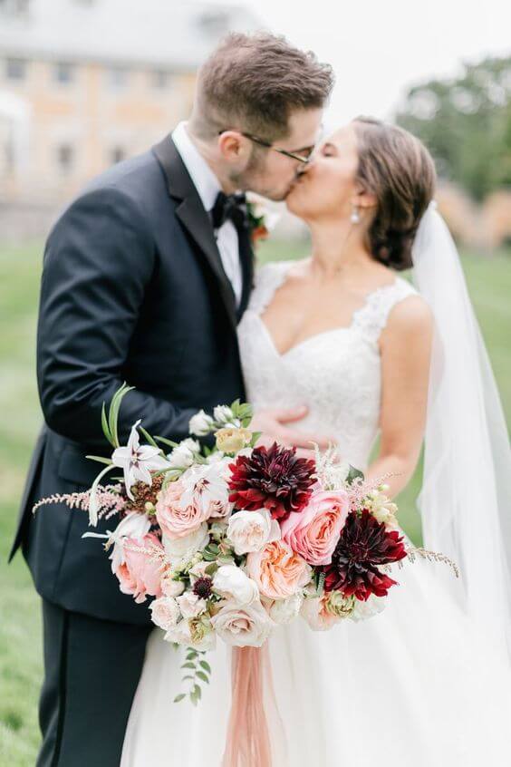 White Bride and grey groom for Dusty Rose and Burgundy wedding