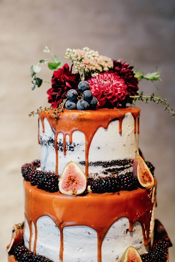 brown and white wedding cake for fall grey and burgundy wedding