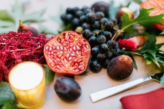 fruit table for fall grey and burgundy wedding