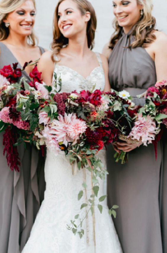 grey bridesmaid dresses and burgundy bouquets for fall grey and burgundy wedding