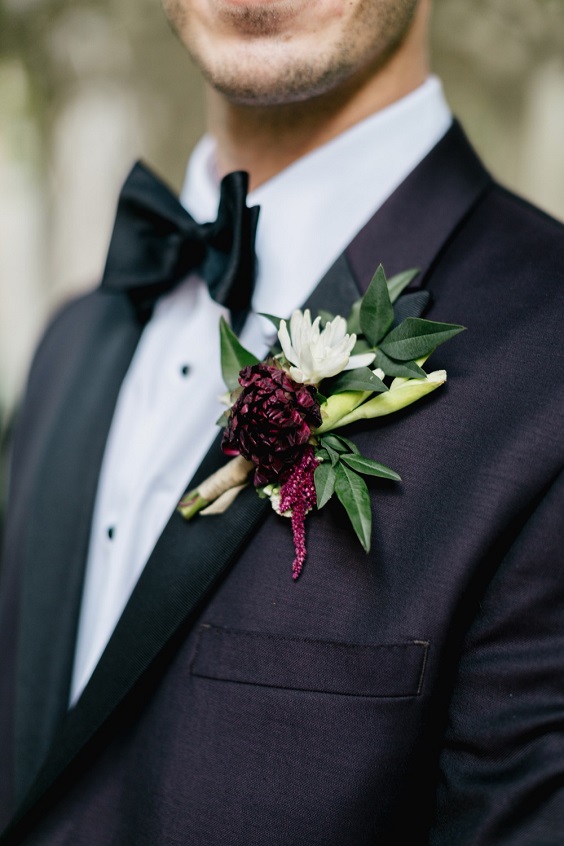 grey mens suit and burgundy boutonniere for fall grey and burgundy wedding