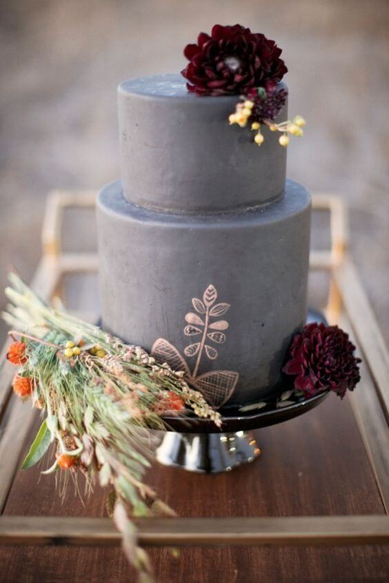 grey wedding cake with burgundy flowers for fall grey and burgundy wedding
